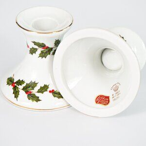 Vintage Lefton Taper Candlestick Holders Pair Holly Berries 1985